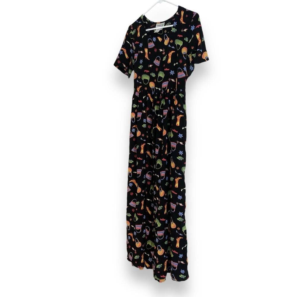Vintage Y2K Coldwater Creek Black A-Line Dress Whimsical Print Sz Small Rayon - Picture 16 of 16